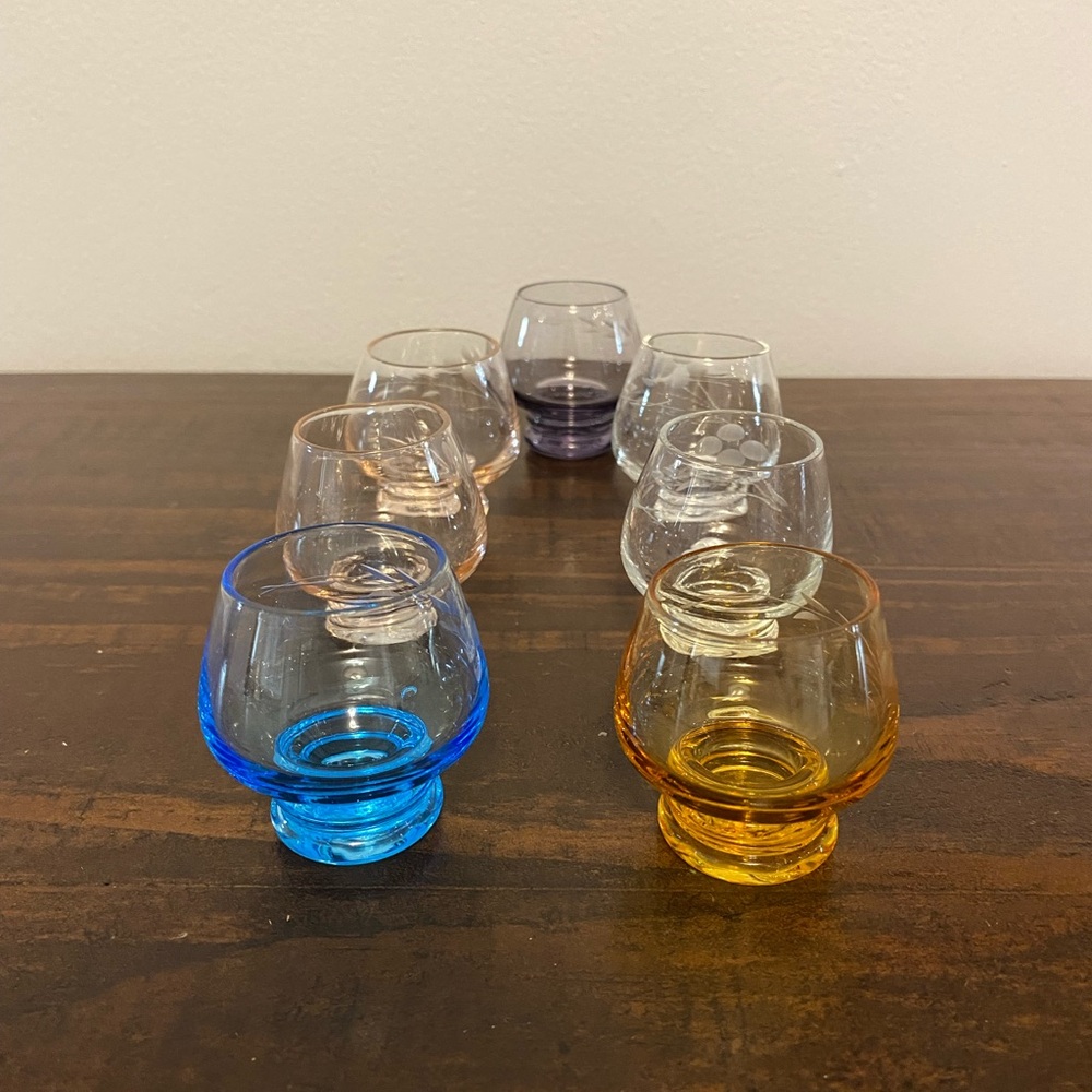 7 vintage colourful shot/brand/cordial glasses